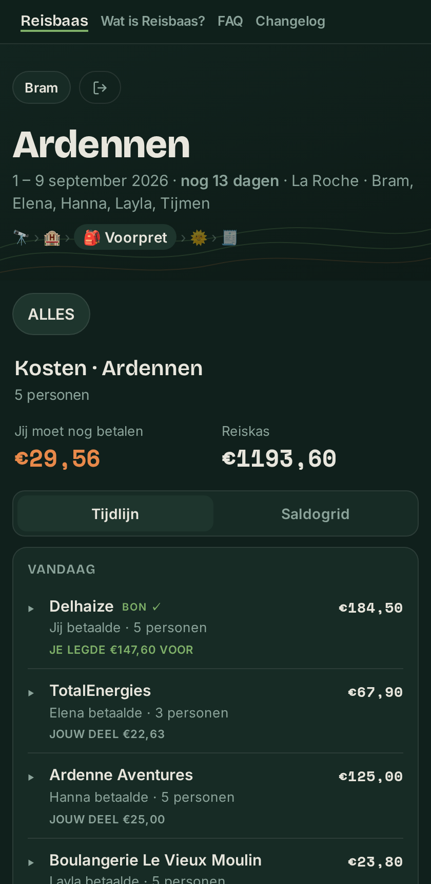 Het kostenscherm: een tijdlijn van bonnen, per bon wie hem betaalde, met hoeveel mensen hij gedeeld is en wat jouw deel is