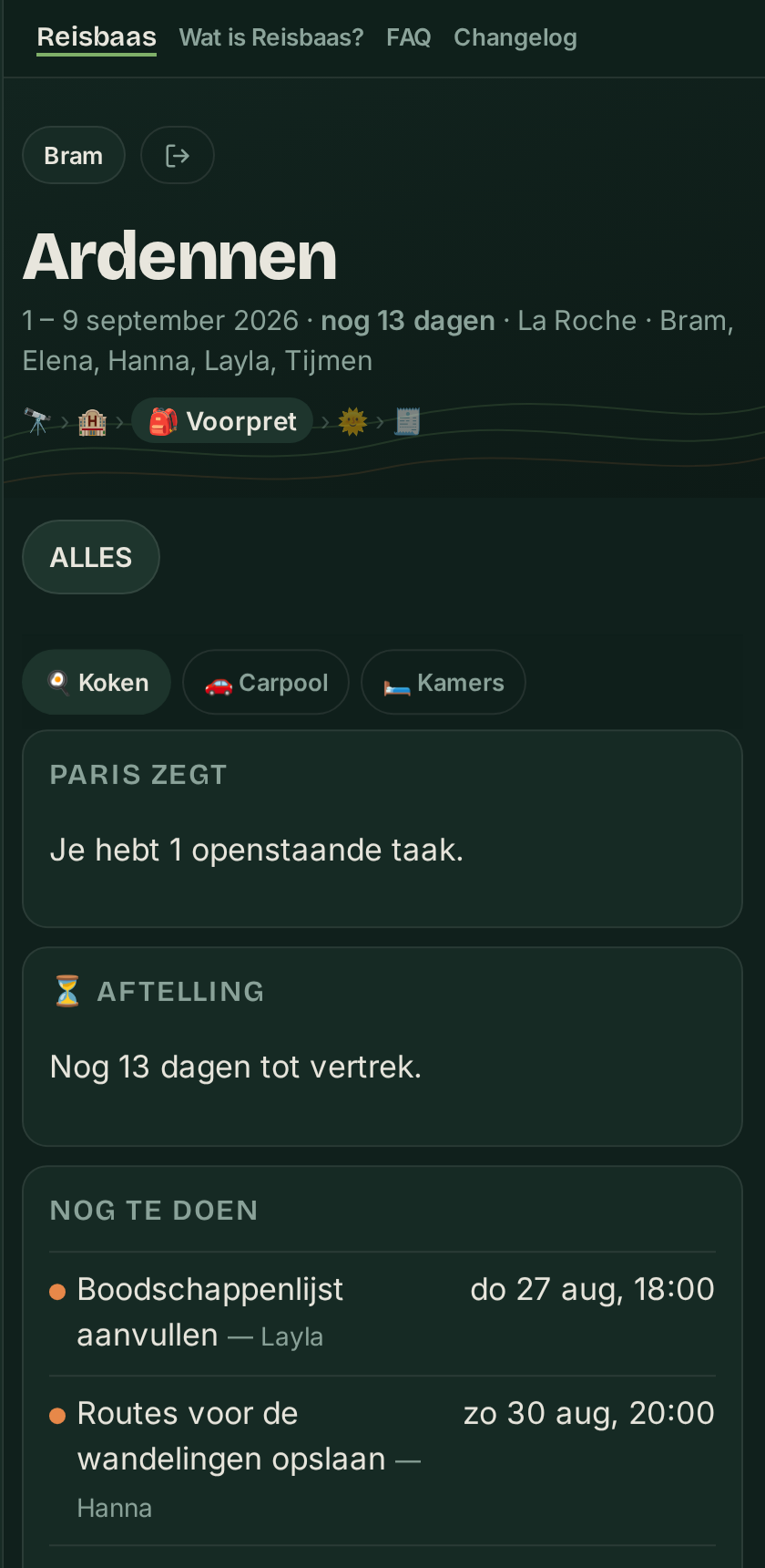 De planning: de locatie met een route in Google Maps, het weer per reisdag en de kalender met wat er gepland staat
